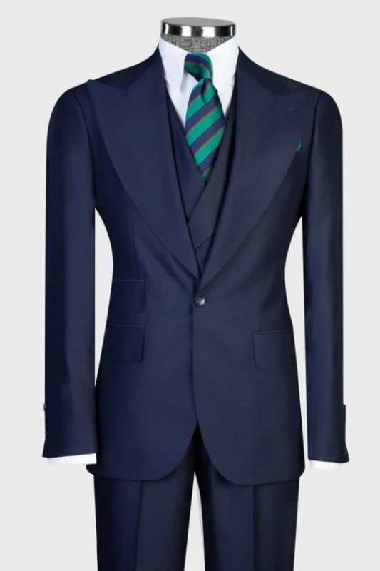 Blithe Bespoke Navy Peaked Lapel Three Pieces Business Men Suits