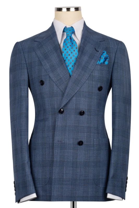 Borg Formal Slate Blue Plaid Notched Lapel Double Breasted Business Suits