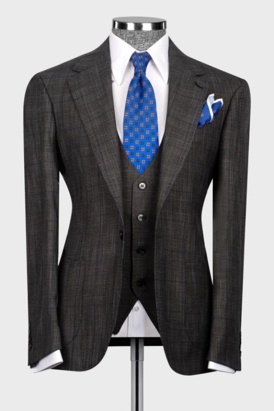 Boyce Chic Dark Gray Notched Lapel Three Pieces Plaid Business Suits