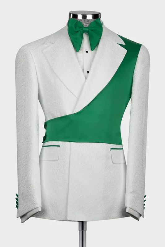 Brayden White Jacquard Notched Lapel Slim Fit Prom Suits With Green Crossover Satin Panel