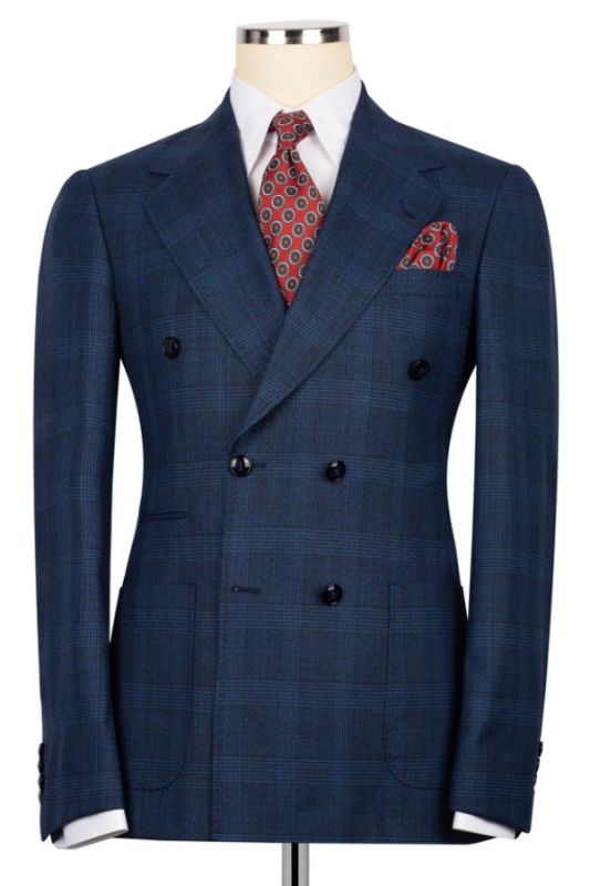 Boris Bespoke Navy Plaid Notched Lapel Double Breasted Business Suits