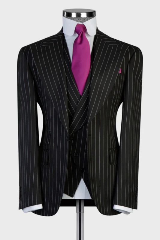 Boyd Formal Black Striped Peaked Lapel Three Pieces Business Suits