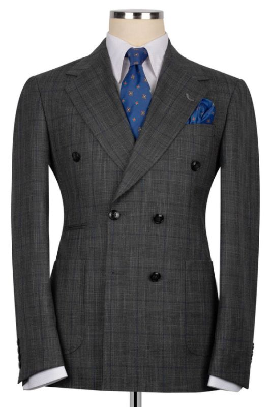 Bowen Formal Dark Gray Plaid Notched Lapel Double Breasted Business Suits