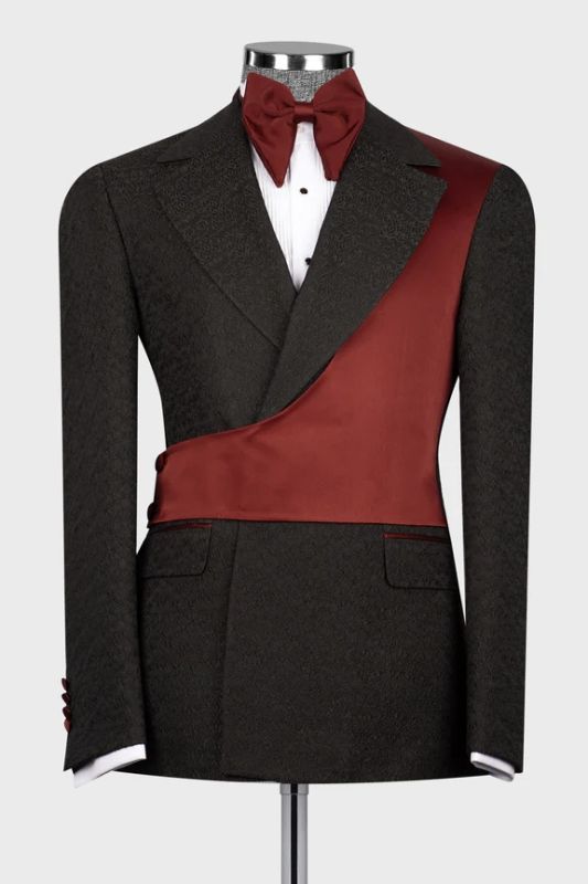 Bruno Chic Black Jacquard Notched Lapel Prom Suits With Red Crossover Satin Panel