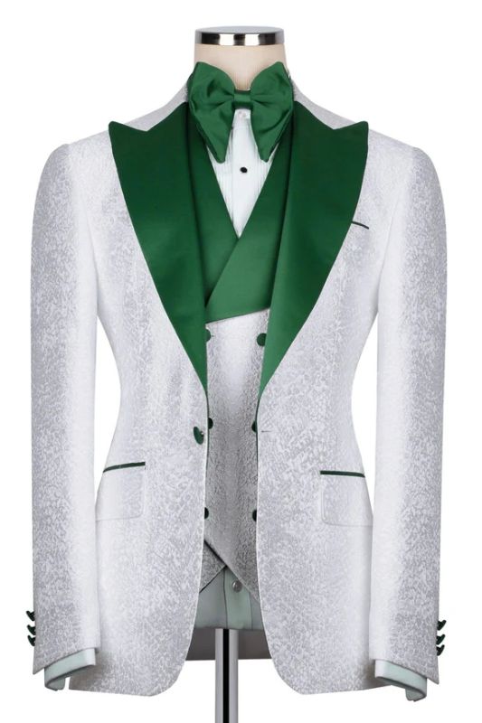 Burgess White Jacquard Three Pieces New Arrival Prom Suits With Green Satin Lapel