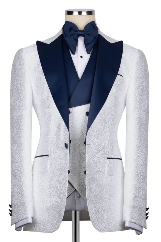 Bryant Stylish White Jacquard Three Pieces Prom Suits With Navy Peaked Lapel