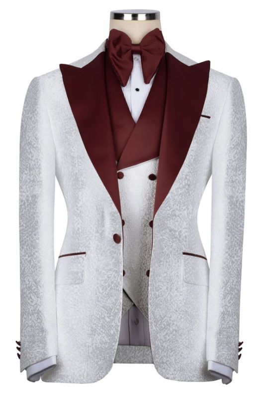 Buck Handsome White Jacquard Three Pieces Prom Suits With Burgundy Satin Lapel