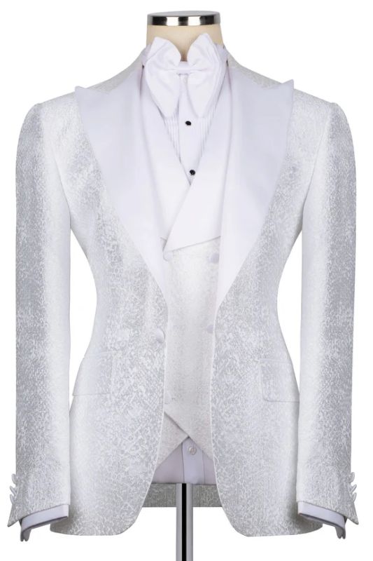 Burke Stylish White Jacquard Peaked Lapel Three Pieces Prom Suits