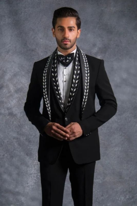 Caden Classical Black Shawl Lapel Three Pieces Prom Suits With Beadings