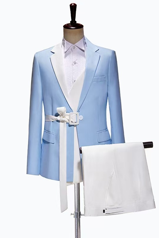 Byron Handsome Sky Blue Notched Lapel Prom Suits With White Sash