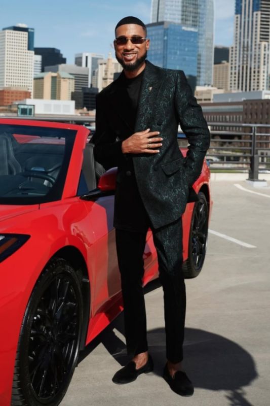 Carey Special Dark Green Jacquard Double Breasted Prom Suits