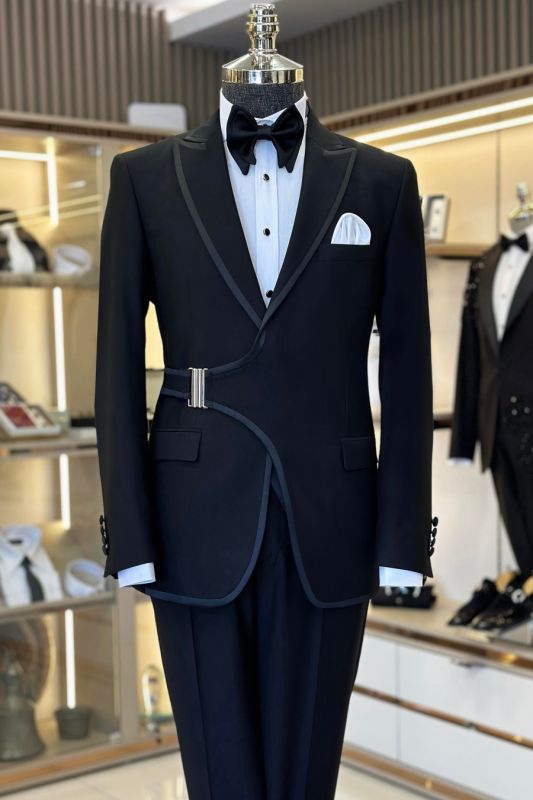 Metal Buckle Black Men’s Business Suit Wedding Prom with Satin Hemming