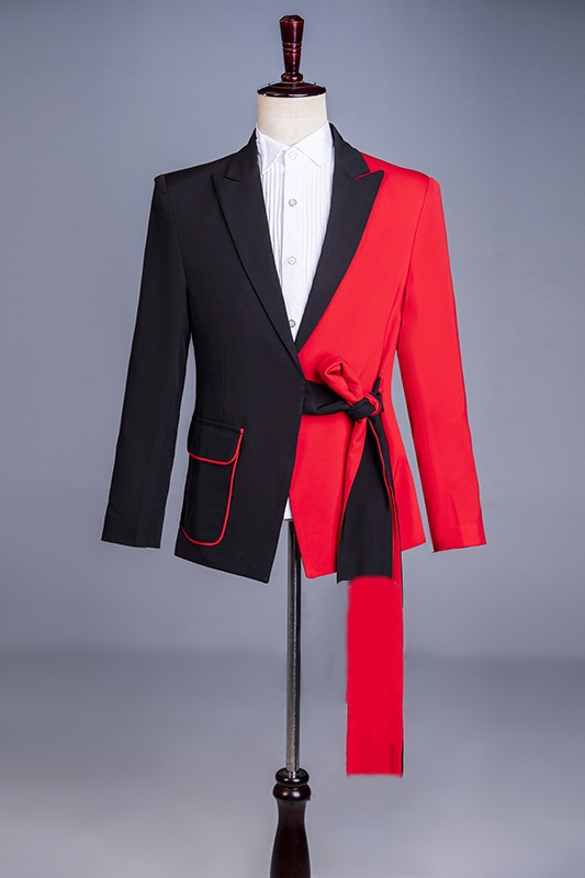 Burton Fashion Red Long Sash Prom Suits With Black Peaked Lapel
