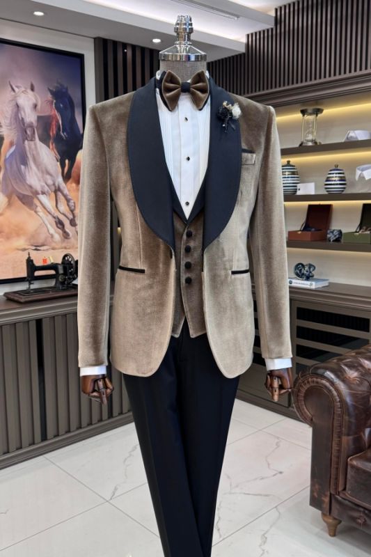 Christopher Bespoke Light Coffee Velvet Prom Suits With Navy Pants