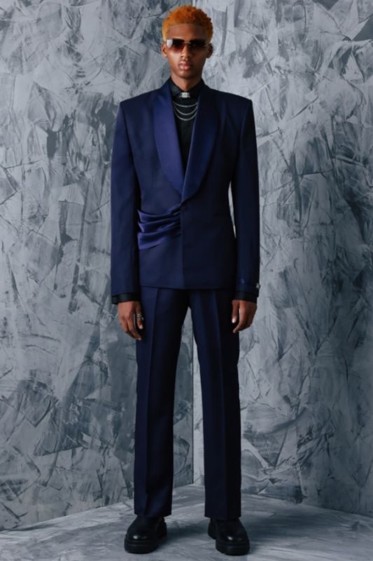 Cecil Special Navy Prom Suits With Velvet Shawl Lapel And Sash