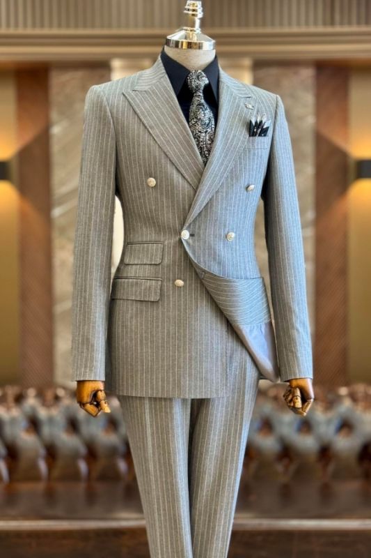Claire Fancy Gray Striped Double Breasted Peaked Lapel Business Suits