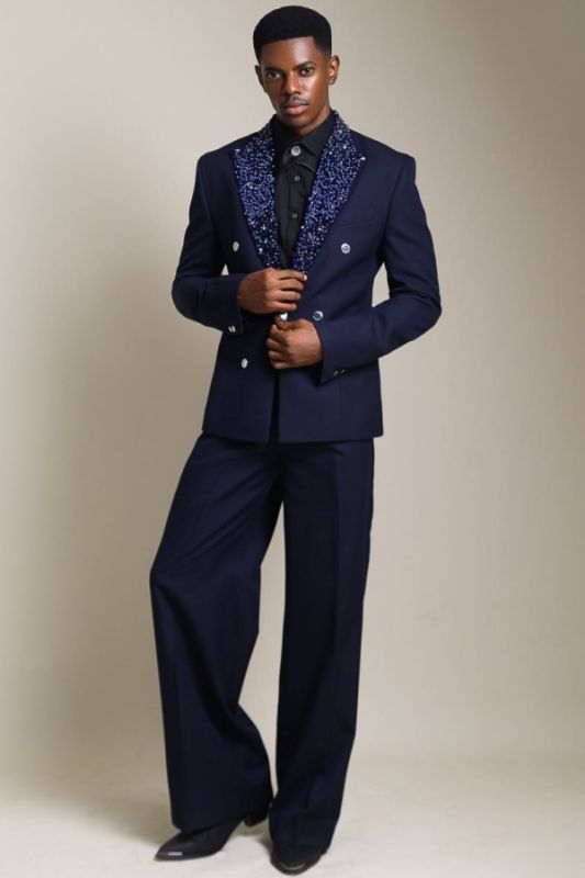 Carlson Special Dark Navy Double Breasted Prom Suits With Sequin Lapel