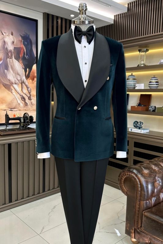 Clarence Gentle Teal Velvet Double Breasted Prom Suits With Shawl Lapel