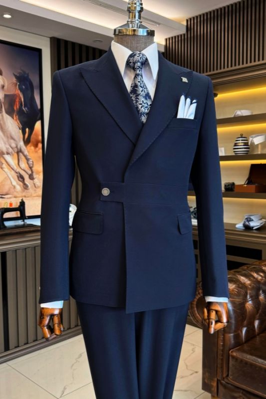 Clare Fashion Dark Blue Peaked Lapel Slim Fit Prom Suits