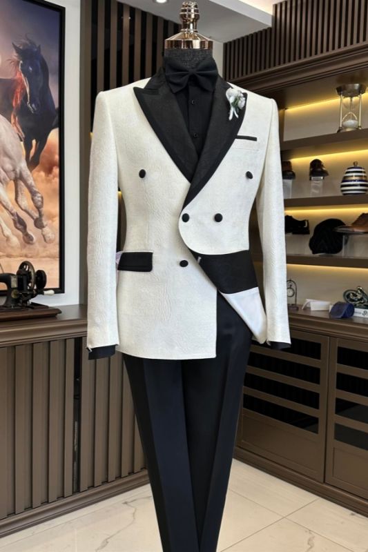Christian Handsome White Jacquard Double Breasted Prom Suits With Black Pants