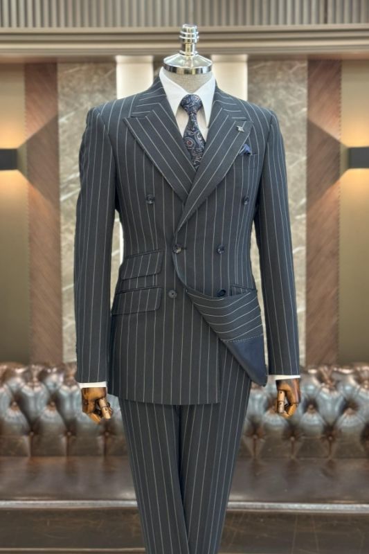 Clark Formal Dark Gray Striped Peaked Lapel Business Suits