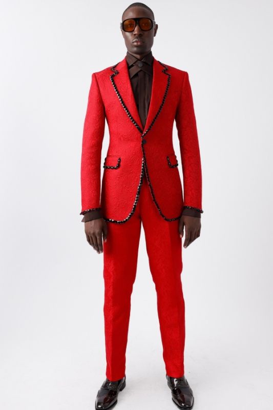 Carr Handsome Red Jacquard Notched Lapel Prom Suits With Beadings