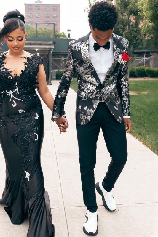 Eden Modern Black Peaked Lapel One Button Jacquard Prom Suits