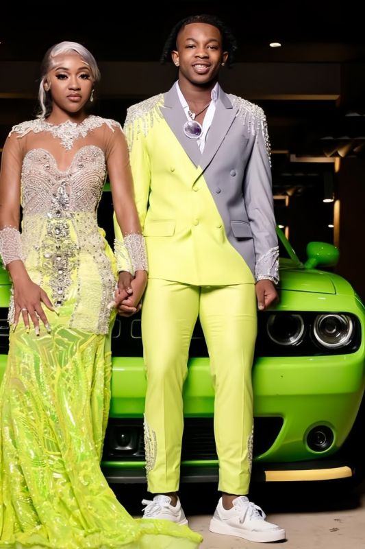 Dick Light Green Double Breasted Prom Suits With Beading