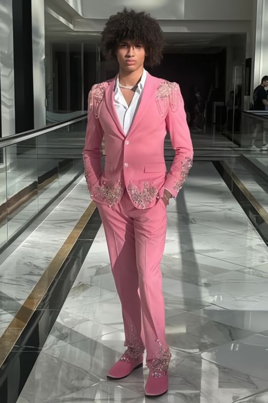 Colin Fashion Pink Peaked Lapel Prom Suits With Beading
