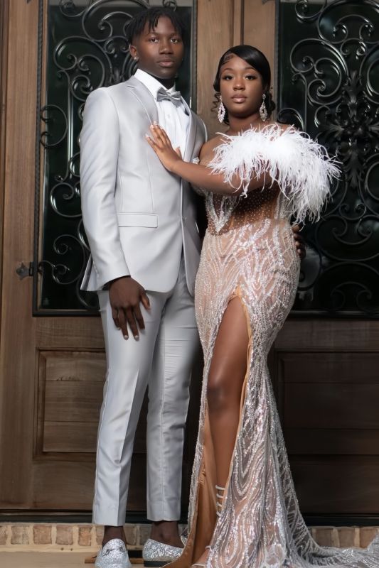 Conrad New Arrival Silver Satin Notched Lapel Prom Suits