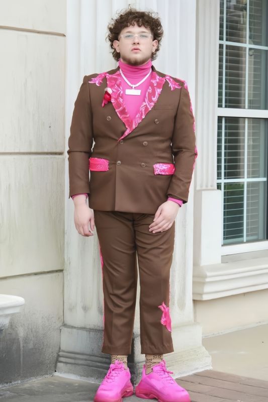 Dennis Fashion Brown Double Breasted Plus Size Prom Suits With Appliques