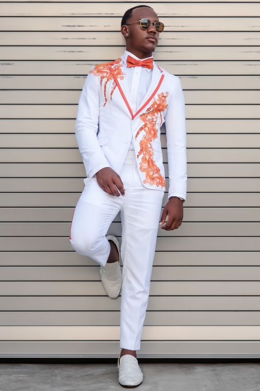 Edwiin Fancy White Notched Lapel Appliques Prom Suits