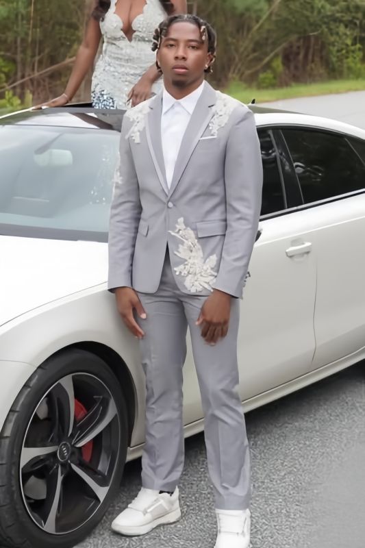 Corey Bespoke Gray Notched Lapel Prom Suits With Appliques