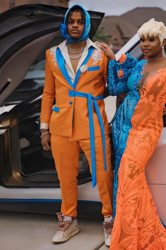 Elmer Special Orange Appliques Prom Suits With Long Sash
