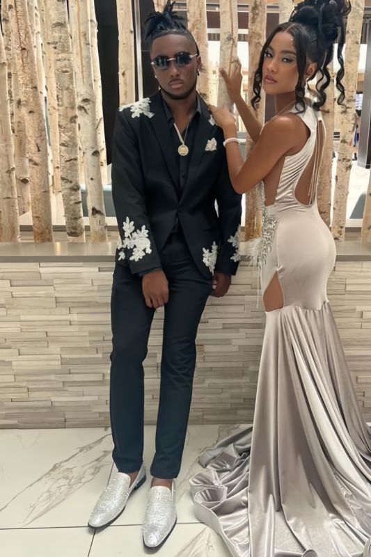 Ed Mind Black Shawl Lapel One Button Prom Suits With Appliques