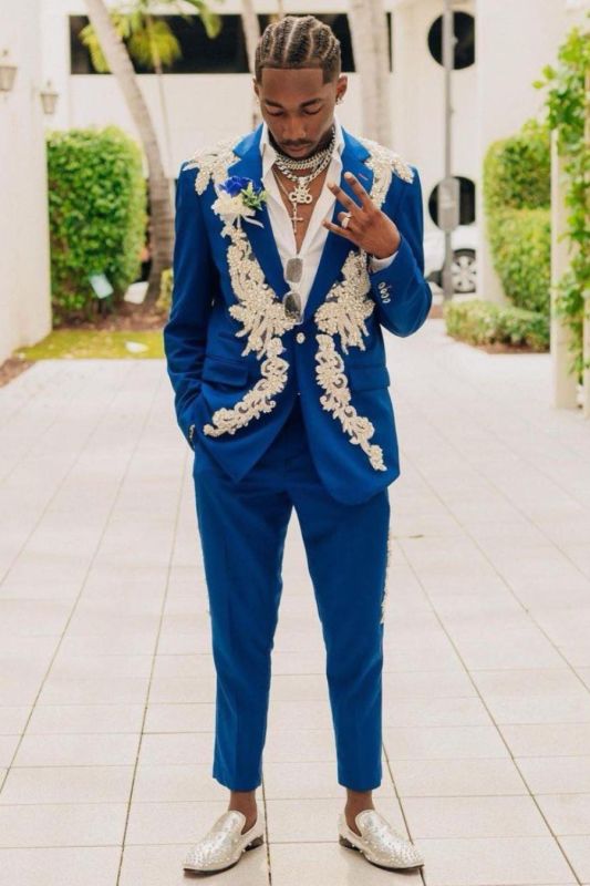 Don Fashion Blue Notched Lapel Prom Suits With Beading