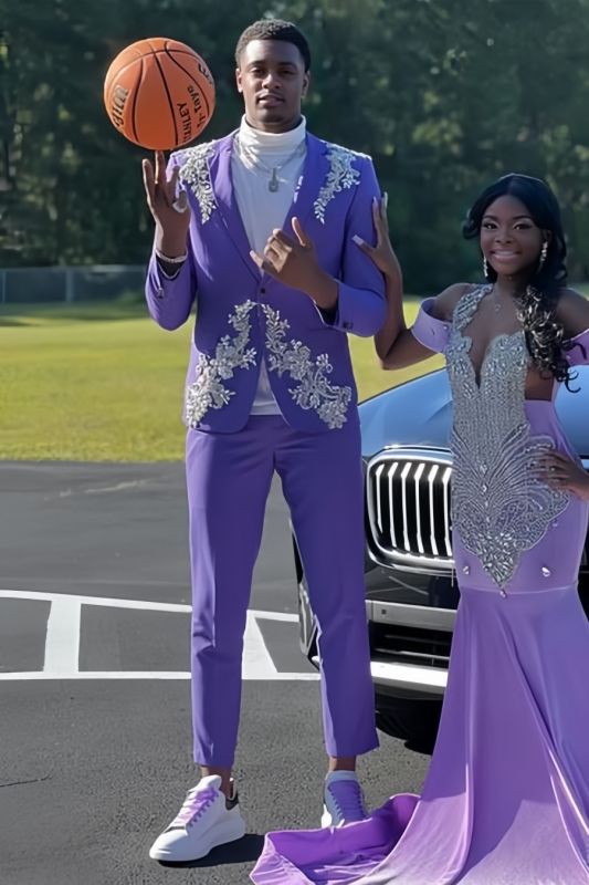 Connor Modern Lavender Notched Lapel Prom Suits With Beading