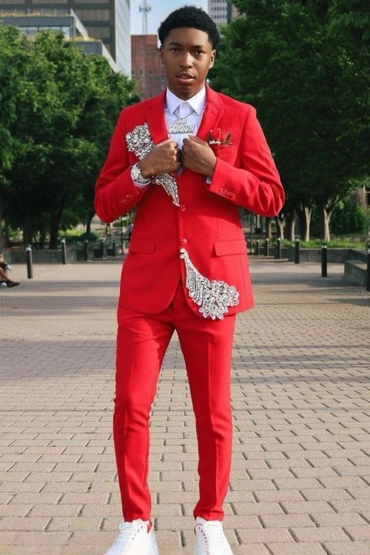 Donahue Modern Red Notched Lapel Prom Suits With Beading
