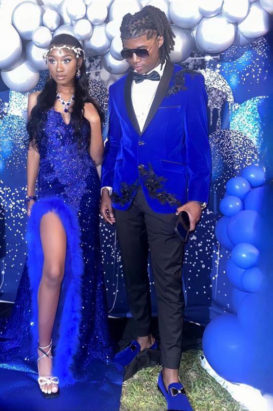 Ellis Gentle Royal Blue Velvet Prom Suits With Beading