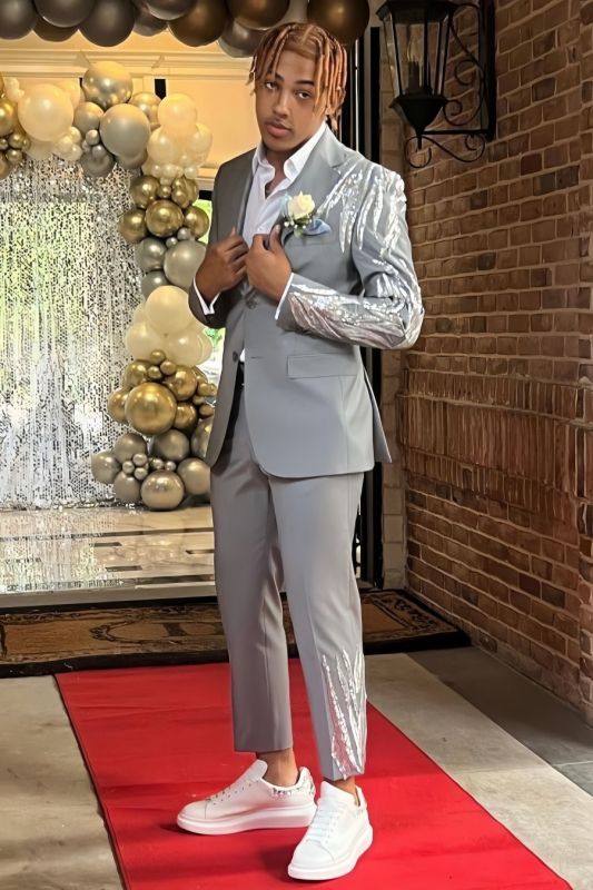 Enoch Chic Gray Notched Lapel Appliques Two Buttons Prom Suits