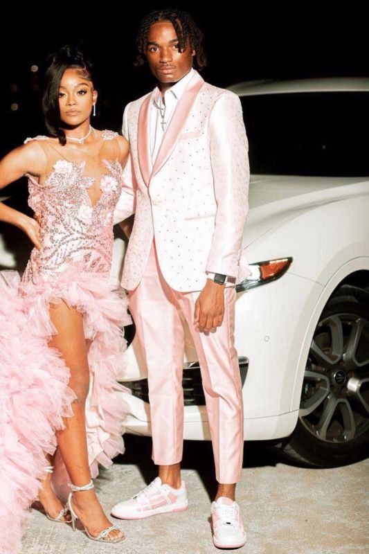 Ethan Elegant Pink Jacquard Shawl Lapel Beading Prom Suits