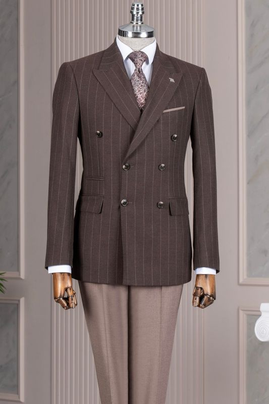 Gentlemen Double Breasted Chocolate Brown Pinstripe Business Suit