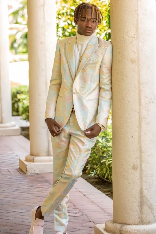 Gene Generous Apricot Jacquard Peaked Lapel One Button Prom Suits