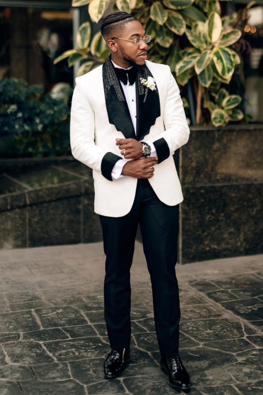 Harper Stylish White Jacquard Shawl Lapel Prom Suits With Beading