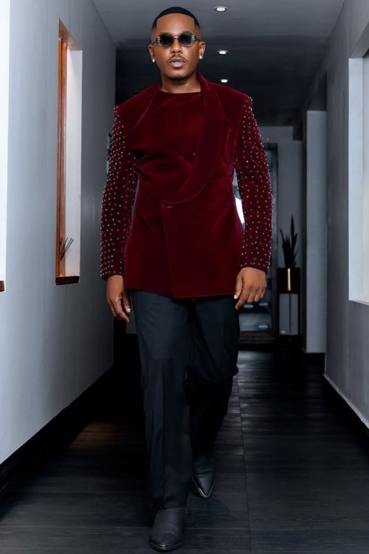 Griffith Modern Burgundy Velvet Beading Prom Suits With Black Pants