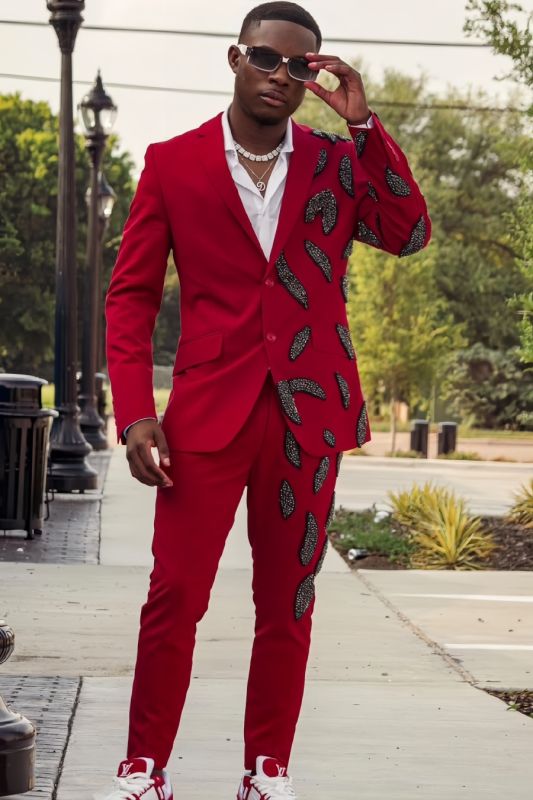 Gordon Generous Red Notched Lapel Prom Suits With Beading