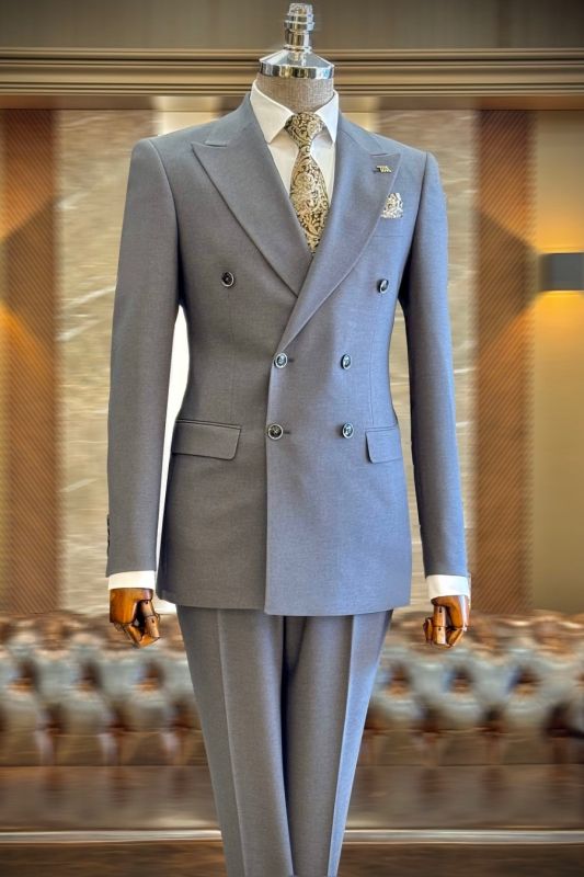 Double Breasted Peaked Lapel Gray Blue Men’s Business Suit