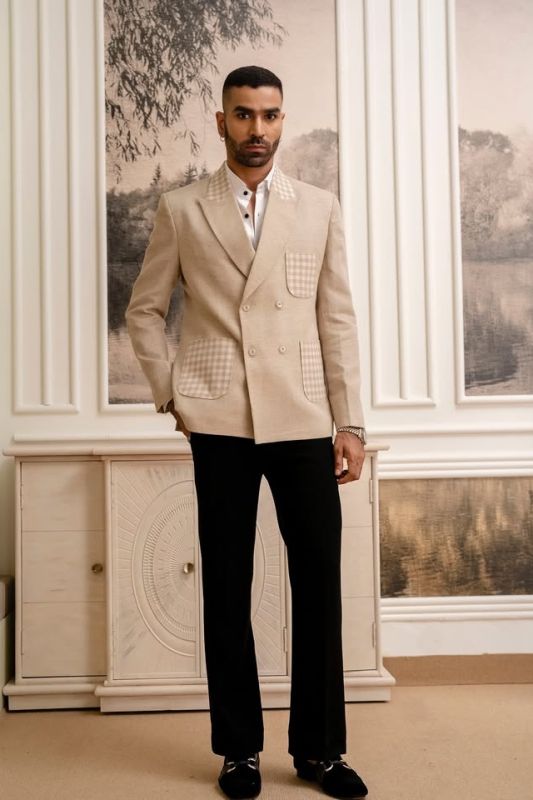 Harley Bespoke Camel Peaked Lapel Double Breasted Prom Suits With Plaid Pockets