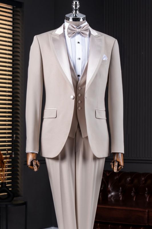 3 Piece Spliced Satin Peaked Lapel Light Gray Men’s Wedding Suit