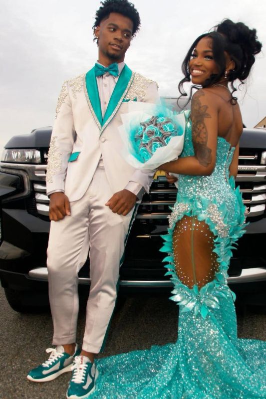 Harrison Handsome White Satin Shawl Lapel Beading Prom Suits